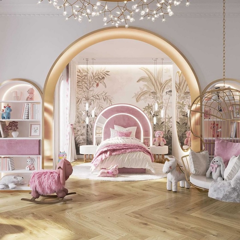 Nội thất phòng ngủ màu hồng dễ thương cho bé gái
