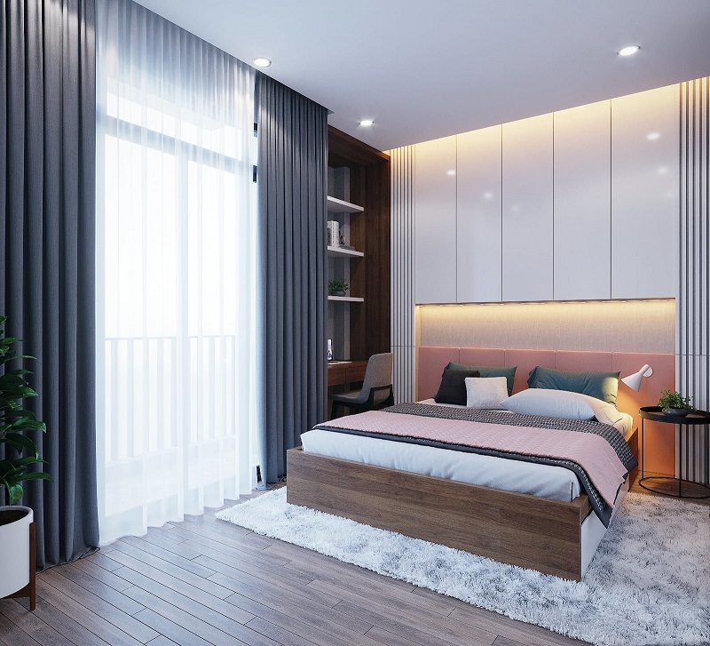 Nội thất phòng phòng ngủ 11m2 đơn giản thiết kế giường bục giúp tận dụng diện tích